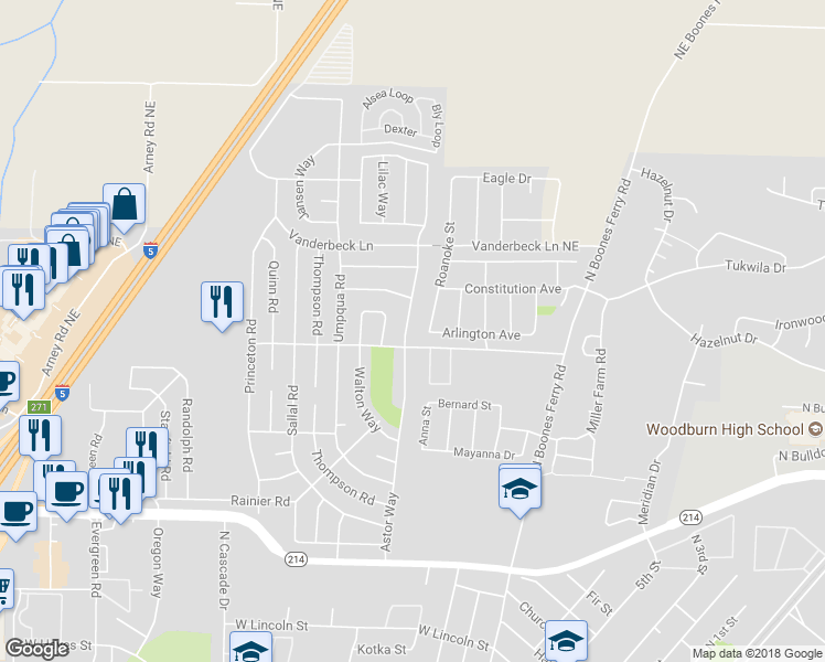 map of restaurants, bars, coffee shops, grocery stores, and more near 1426 Astor Way in Woodburn
