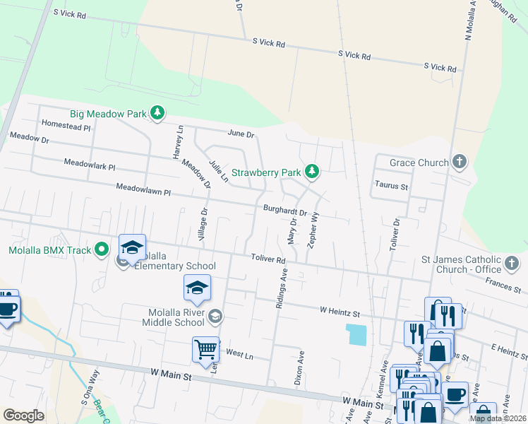 map of restaurants, bars, coffee shops, grocery stores, and more near 740 Burghardt Drive in Molalla