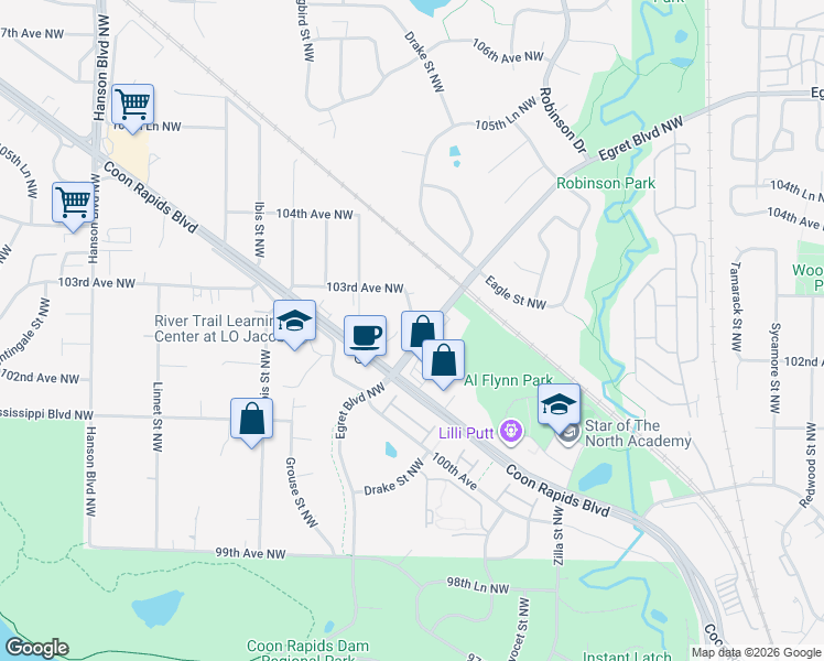 map of restaurants, bars, coffee shops, grocery stores, and more near 1508 103rd Avenue Northwest in Coon Rapids