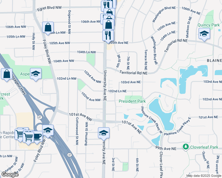 map of restaurants, bars, coffee shops, grocery stores, and more near 10241 3rd Street Northeast in Blaine