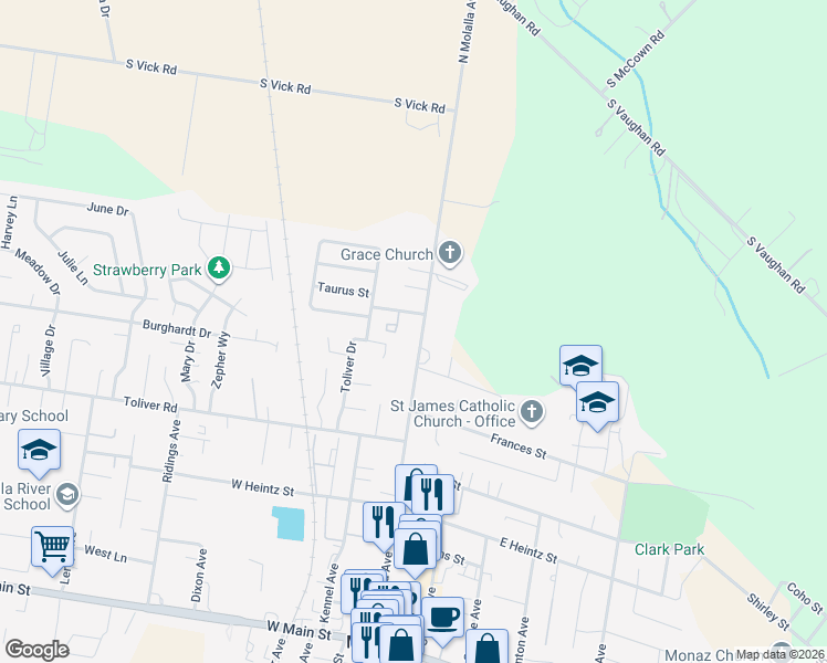 map of restaurants, bars, coffee shops, grocery stores, and more near 720 North Molalla Avenue in Molalla