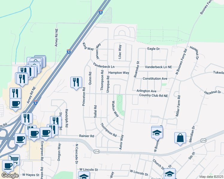 map of restaurants, bars, coffee shops, grocery stores, and more near 1417 Country Club Circle in Woodburn