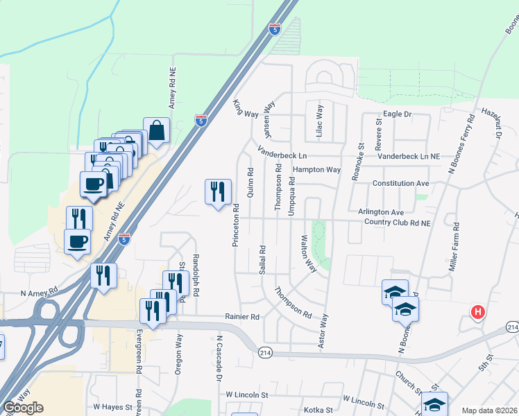 map of restaurants, bars, coffee shops, grocery stores, and more near 1830 Sallal Road in Woodburn