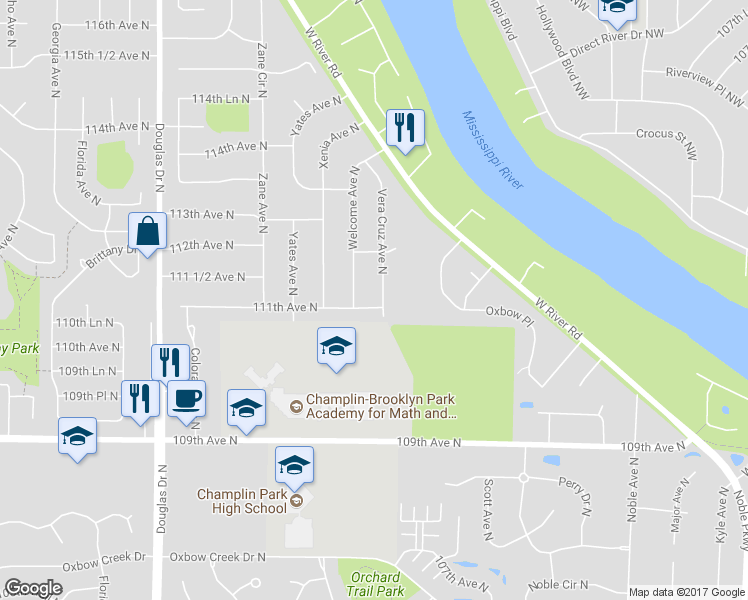 map of restaurants, bars, coffee shops, grocery stores, and more near 5500 111th Avenue North in Champlin