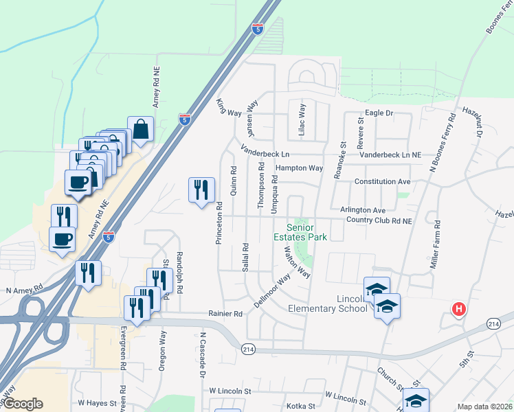 map of restaurants, bars, coffee shops, grocery stores, and more near 1830 Sallal Road in Woodburn