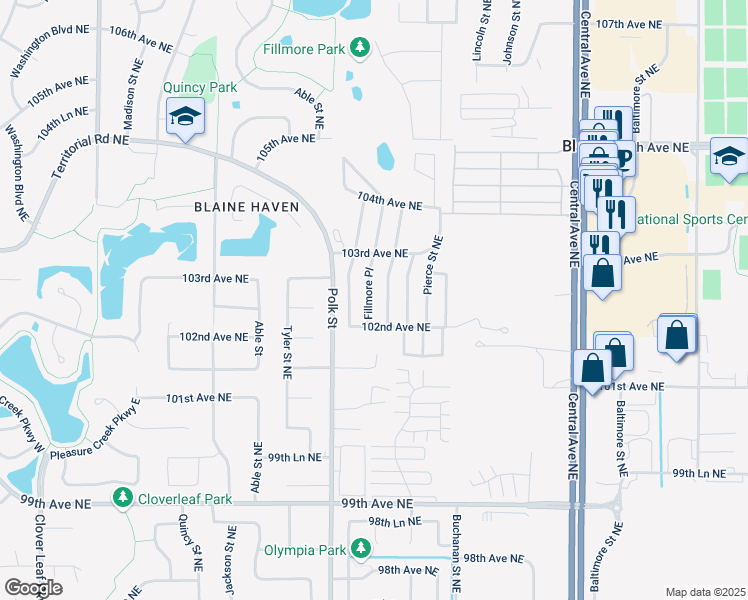 map of restaurants, bars, coffee shops, grocery stores, and more near 10232 Fillmore Place in Blaine