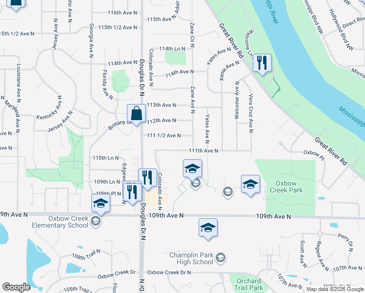 map of restaurants, bars, coffee shops, grocery stores, and more near 6020 111th Avenue North in Champlin