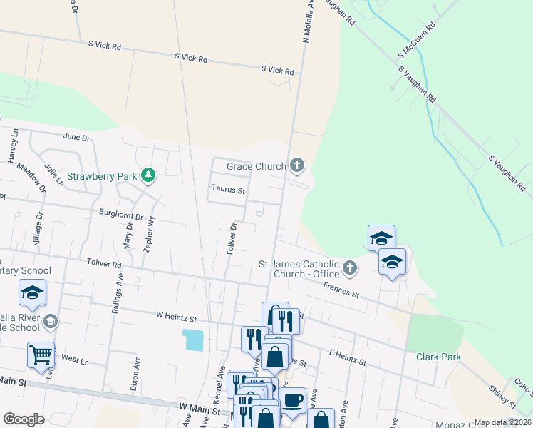 map of restaurants, bars, coffee shops, grocery stores, and more near 720 North Molalla Avenue in Molalla