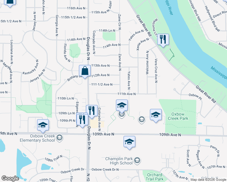 map of restaurants, bars, coffee shops, grocery stores, and more near 6020 111th Avenue North in Champlin