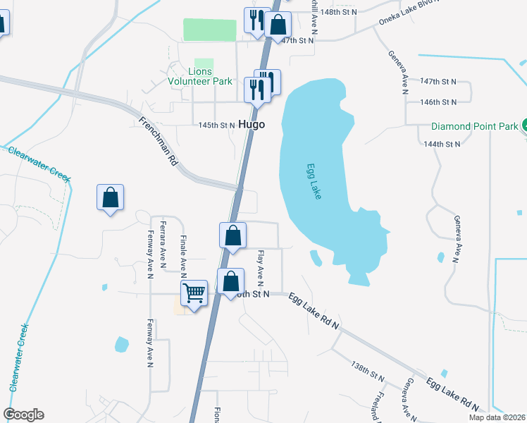 map of restaurants, bars, coffee shops, grocery stores, and more near 14235 Forest Boulevard North in Hugo