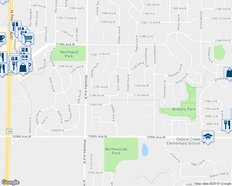 map of restaurants, bars, coffee shops, grocery stores, and more near 7510 111th Avenue North in Champlin