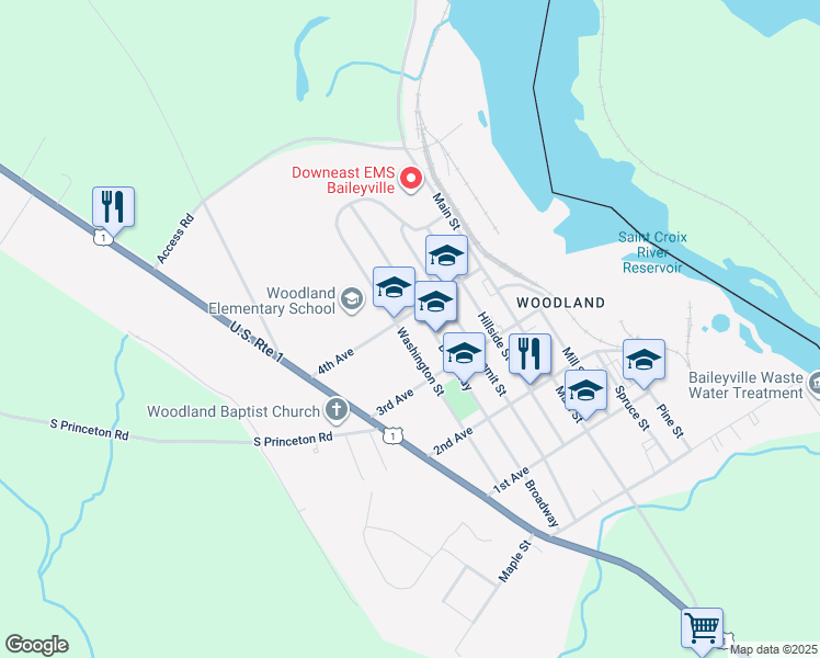 map of restaurants, bars, coffee shops, grocery stores, and more near 66 Washington Street in Baileyville