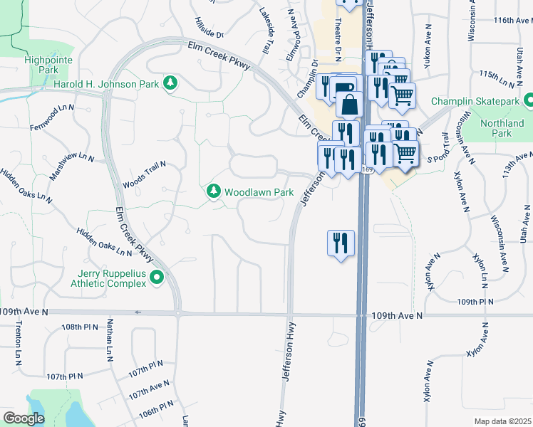 map of restaurants, bars, coffee shops, grocery stores, and more near 11155 Hillsboro Court North in Champlin