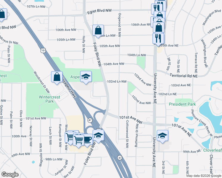 map of restaurants, bars, coffee shops, grocery stores, and more near 10221 Foley Boulevard in Minneapolis