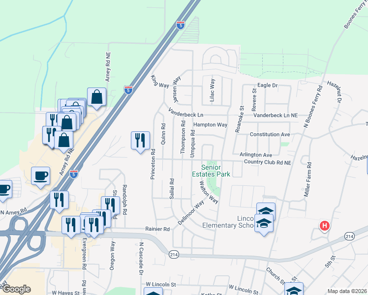 map of restaurants, bars, coffee shops, grocery stores, and more near 1625 Umpqua Road in Woodburn