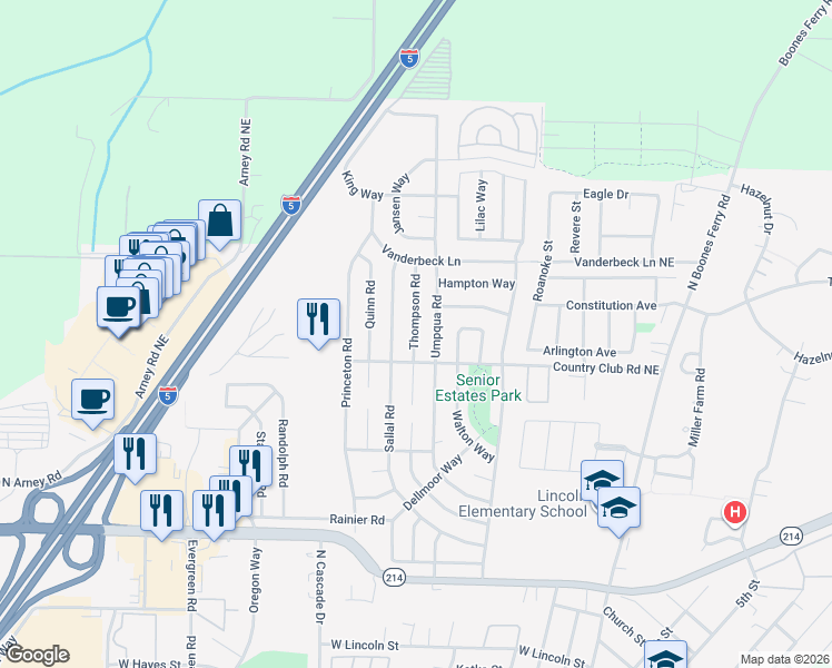 map of restaurants, bars, coffee shops, grocery stores, and more near 1625 Umpqua Road in Woodburn