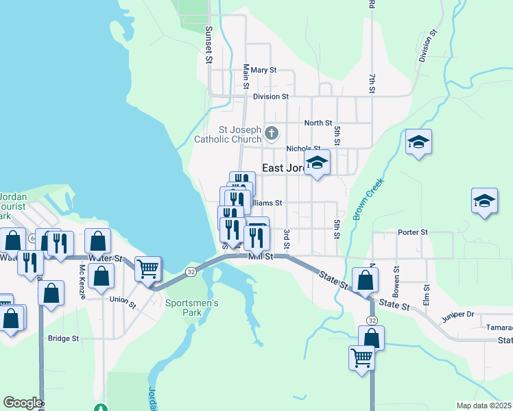 map of restaurants, bars, coffee shops, grocery stores, and more near 205 2nd Street in East Jordan