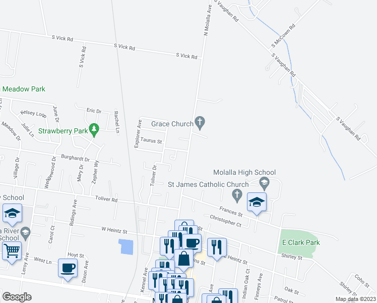 map of restaurants, bars, coffee shops, grocery stores, and more near North Molalla Avenue in Molalla