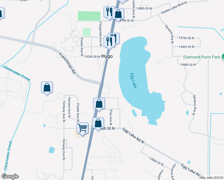 map of restaurants, bars, coffee shops, grocery stores, and more near 14235 Forest Boulevard North in Hugo