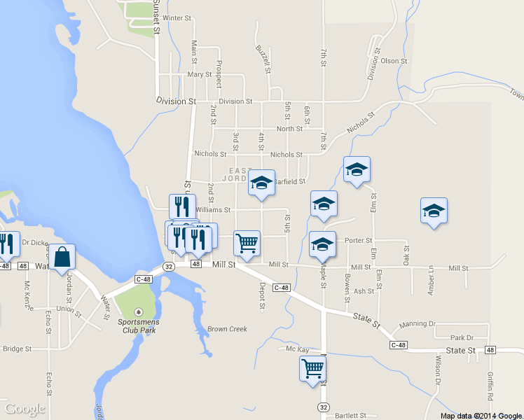 map of restaurants, bars, coffee shops, grocery stores, and more near 299 4th Street in East Jordan