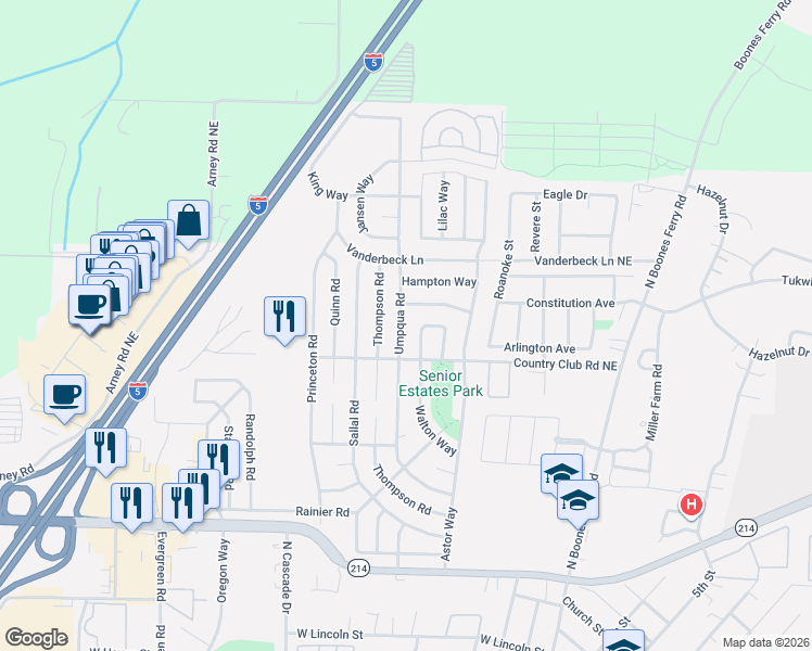 map of restaurants, bars, coffee shops, grocery stores, and more near 1625 Umpqua Road in Woodburn