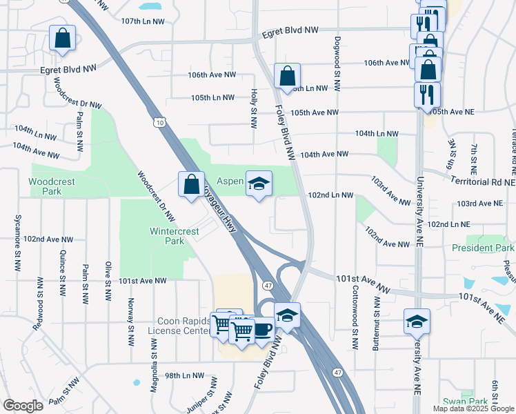 map of restaurants, bars, coffee shops, grocery stores, and more near 10220 Goldenrod Street Northwest in Coon Rapids