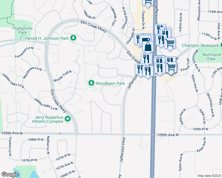 map of restaurants, bars, coffee shops, grocery stores, and more near 11155 Hillsboro Court North in Champlin