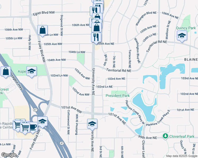 map of restaurants, bars, coffee shops, grocery stores, and more near 10241 3rd Street Northeast in Blaine