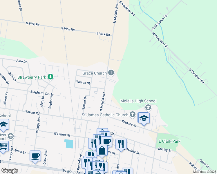 map of restaurants, bars, coffee shops, grocery stores, and more near 829 North Molalla Avenue in Molalla