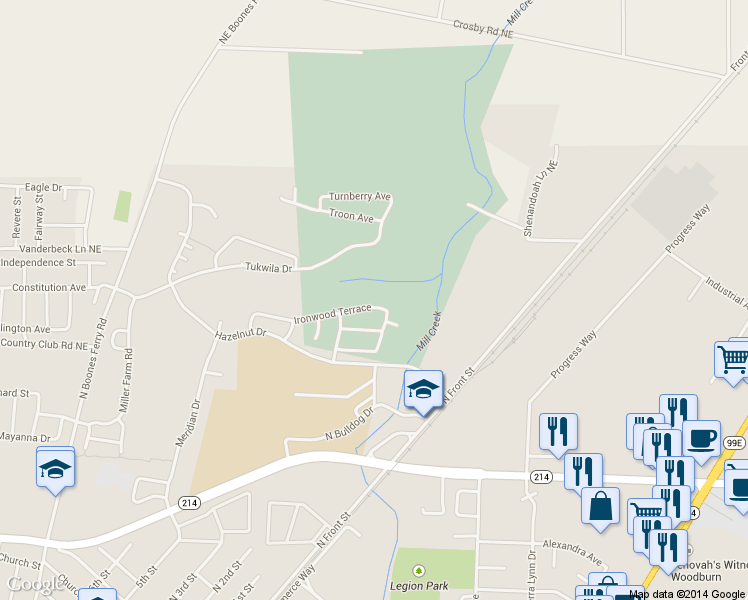 map of restaurants, bars, coffee shops, grocery stores, and more near 399 Ironwood Terrace in Woodburn