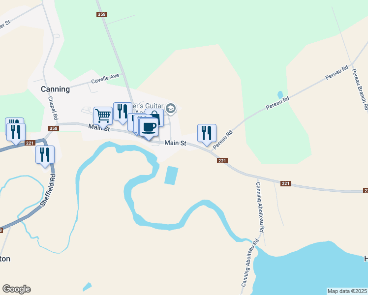 map of restaurants, bars, coffee shops, grocery stores, and more near 9890 Main Street in Canning