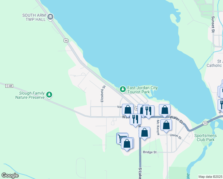 map of restaurants, bars, coffee shops, grocery stores, and more near 219-415 Elizabeth St in East Jordan