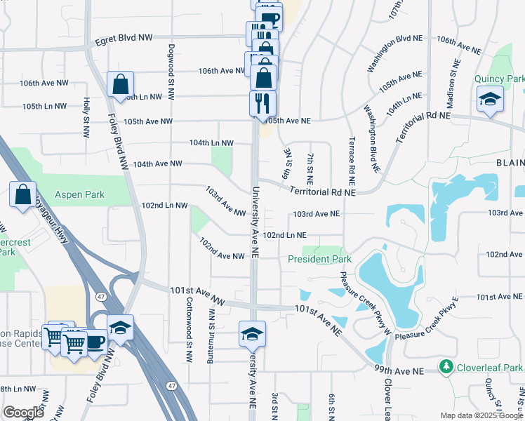 map of restaurants, bars, coffee shops, grocery stores, and more near 32 Territorial Road Northeast in Blaine