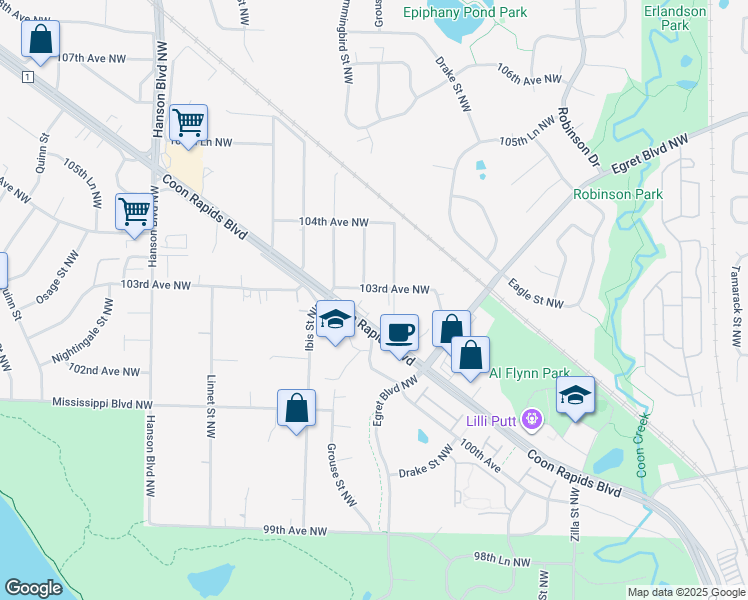 map of restaurants, bars, coffee shops, grocery stores, and more near 1635 103rd Avenue Northwest in Coon Rapids