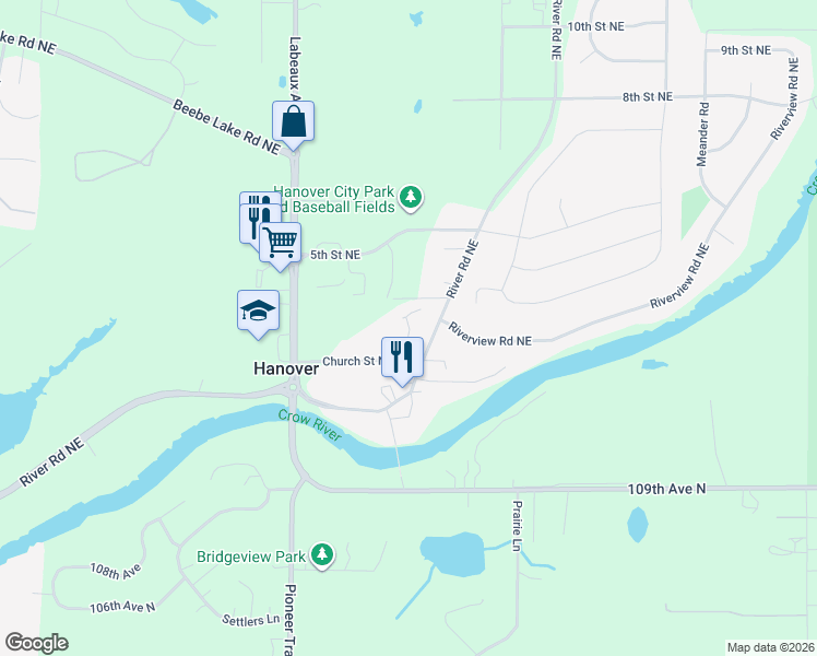 map of restaurants, bars, coffee shops, grocery stores, and more near 11218 Church Street Northeast in Hanover