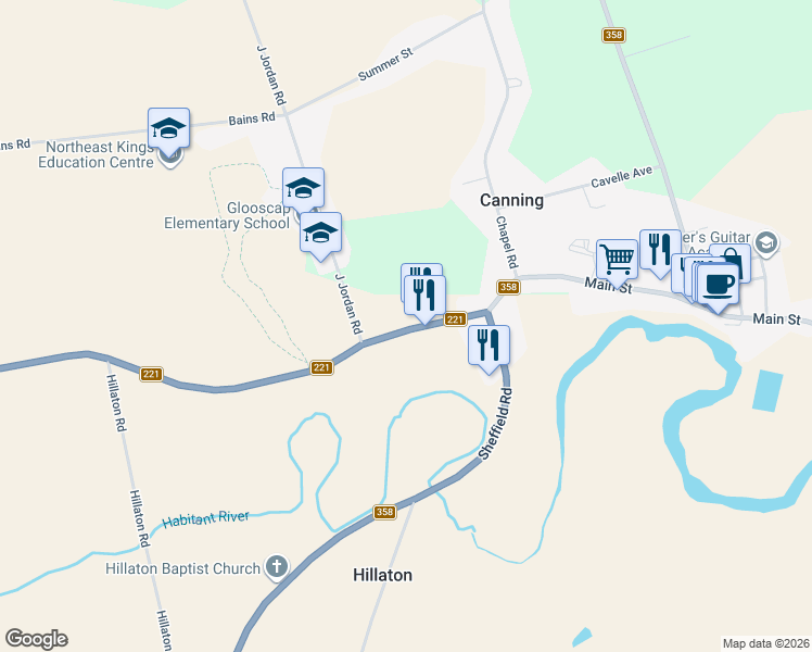 map of restaurants, bars, coffee shops, grocery stores, and more near 9631 Nova Scotia 221 in Canning