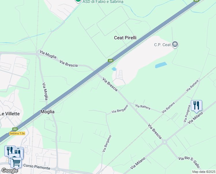 map of restaurants, bars, coffee shops, grocery stores, and more near 75 Via Brescia in Città Metropolitana di Torino