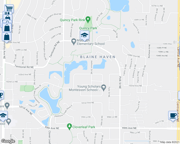 map of restaurants, bars, coffee shops, grocery stores, and more near 795 103rd Avenue Northeast in Minneapolis