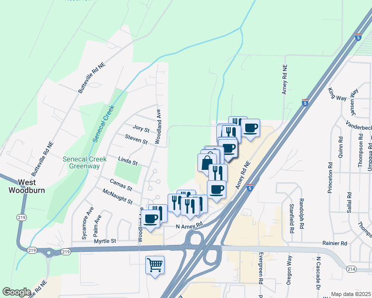 map of restaurants, bars, coffee shops, grocery stores, and more near 9065 Arney Lane Northeast in Woodburn