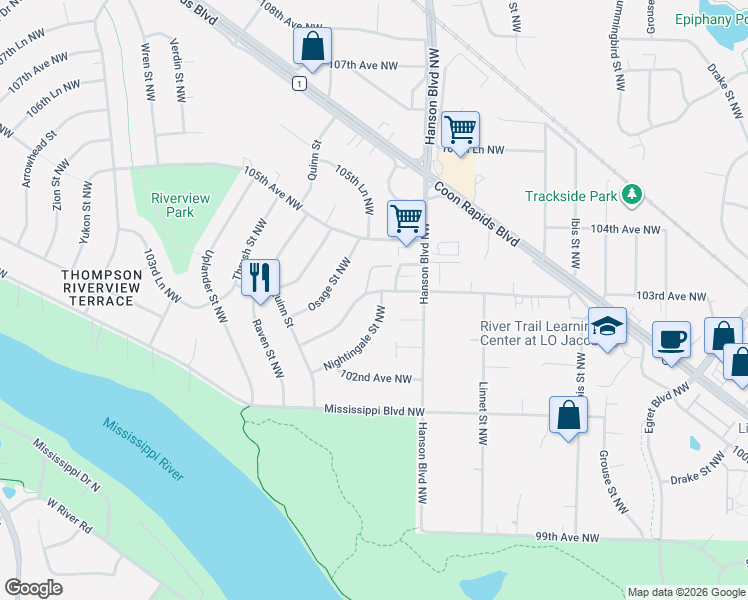 map of restaurants, bars, coffee shops, grocery stores, and more near 2021 103rd Avenue Northwest in Coon Rapids
