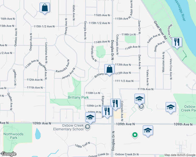 map of restaurants, bars, coffee shops, grocery stores, and more near 11201 Brittany Drive North in Champlin