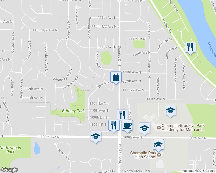 map of restaurants, bars, coffee shops, grocery stores, and more near 11161 Edgewood Circle North in Champlin