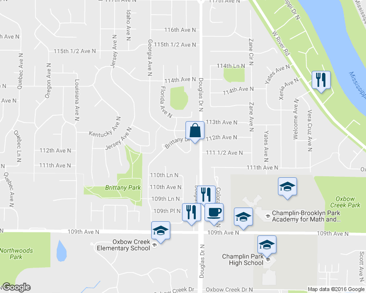 map of restaurants, bars, coffee shops, grocery stores, and more near 11161 Edgewood Circle North in Champlin