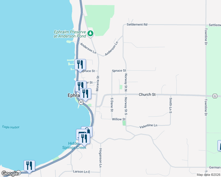 map of restaurants, bars, coffee shops, grocery stores, and more near 10011 Iverson Lane in Sister Bay