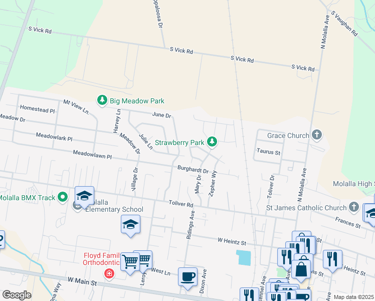 map of restaurants, bars, coffee shops, grocery stores, and more near 810 Columbia Drive in Molalla