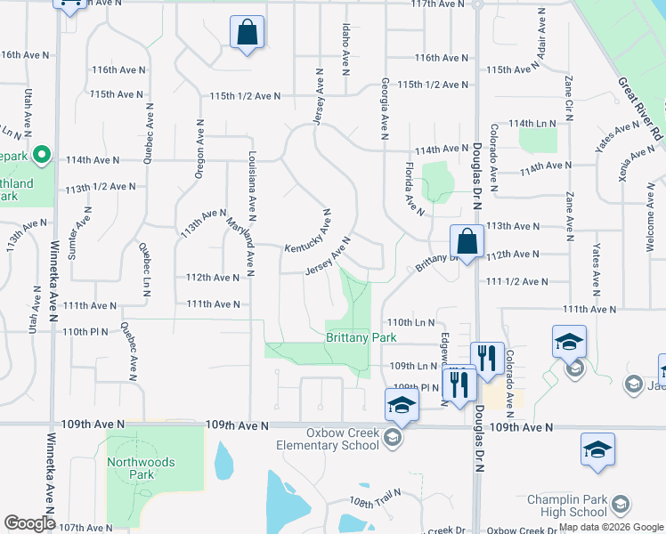 map of restaurants, bars, coffee shops, grocery stores, and more near 11164 Idaho Court North in Champlin