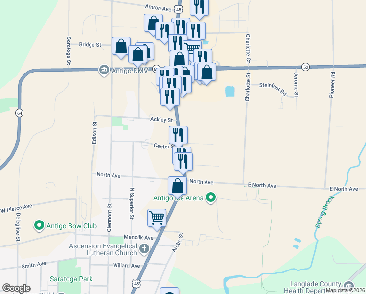 map of restaurants, bars, coffee shops, grocery stores, and more near 1906 Neva Road in Antigo