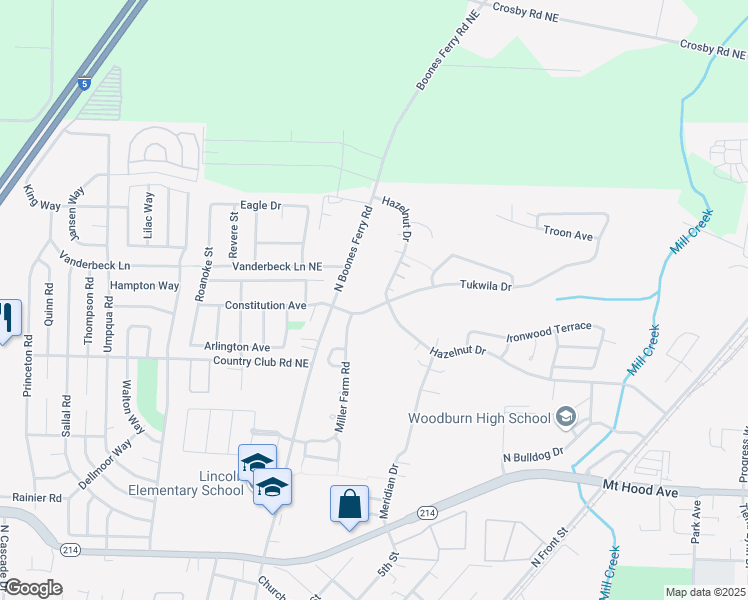 map of restaurants, bars, coffee shops, grocery stores, and more near 1055 Tukwila Drive in Woodburn