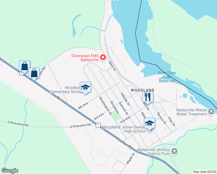 map of restaurants, bars, coffee shops, grocery stores, and more near 105 Summit Street in Baileyville