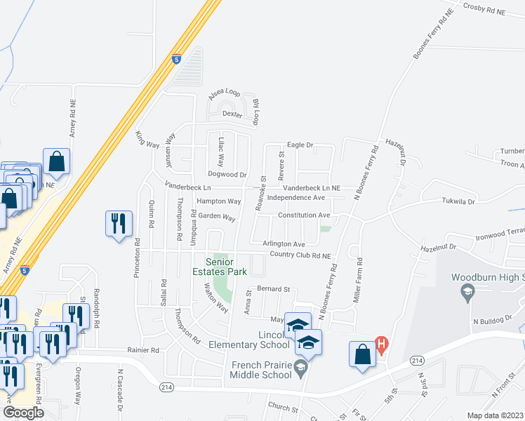 map of restaurants, bars, coffee shops, grocery stores, and more near 1579 Constitution Avenue in Woodburn